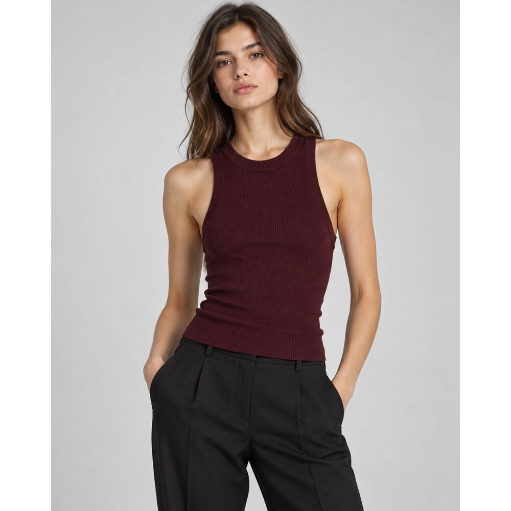 Zara Burgundy Ribbed High Neck Fitted Tank Top Women Large